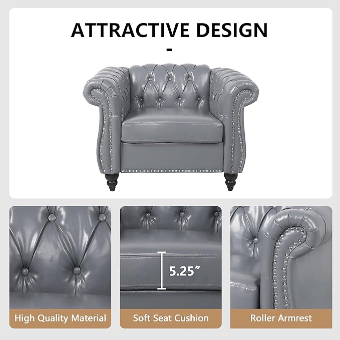 QHITTY Accent Chair, Chesterfield Chair Modern Leather Upholstered Chairs with Tufted Back for Living Room Furniture (Grey)