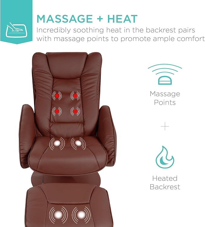 Best Choice Products Faux Leather Electric Massage Recliner w/Stool Footrest Ottoman, Remote Control, 5 Heat & Massage Modes, Side Pockets - Brown