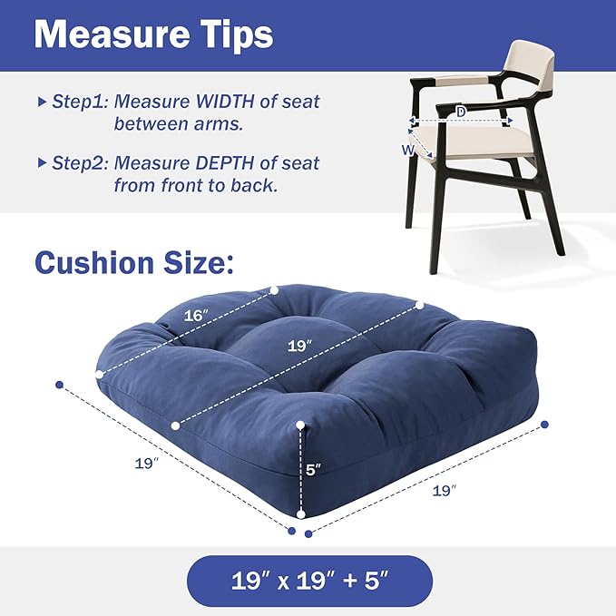 IPYNBAP Outdoor Chair Cushions Set of 2, Patio Chair Cushions with Ties, 19x19+5” Tufted Outdoor Seat Cushions, Waterproof Patio Furniture Cushions, Outdoor Dining Chair Pads, Navy