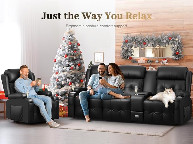 Aotolo Recliner Sofa, 3 Seater Massage Reclining Loveseat Sofa Sets, 2 Single Power Recliner Chairs Heat & Massage, Heavy Weight Capacity, RV Clearance Love Seat Couch with Console, USB, Type C Port