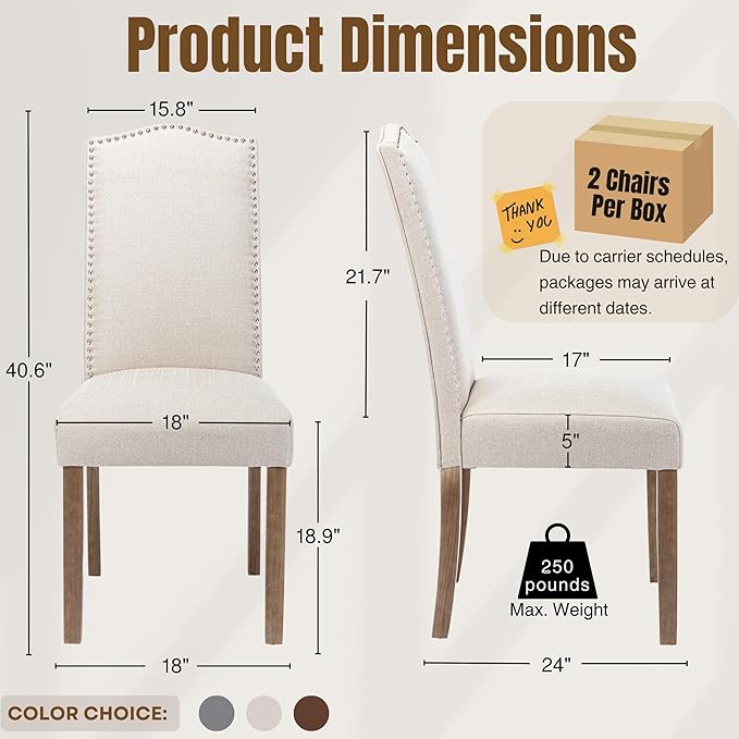 SNUGWAY Upholstered Dining Chair Stylish Parsons Kitchen High Back with Silver Nailhead Trim & Wood Legs, 2-Pack, Fabric Beige