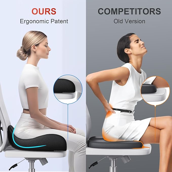 A-Pce Large Memory Seat Cushion for Office Chair Pressure Relief Sciatica & Tailbone Pain Relief Memory Foam Firm Coccyx Pad for Long Sitting, for Office Chair, Gaming Chair and Car Seat, Black