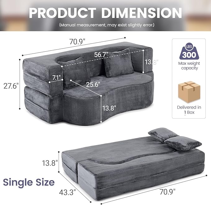 Orynveela Convertible Folding Sofa Bed, 71” Single Size Floor Sleeper Couch, Chenille Full Foam Futon Loveseat for Living Room Bedroom, No Assembly Required (Grey)