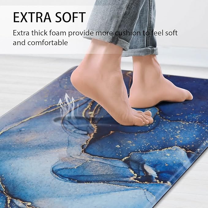 Blue Kitchen Rugs Set of 2 Kitchen Mats Cushioned Anti Fatigue Abstract Gold Marble Kitchen Mat Waterproof Non Slip Comfort Memory Foam Standing Mat for Kitchen Floor