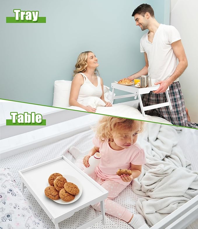 Youpehom Bed Tray Table with Folding Legs,Bamboo Breakfast in Bed for Kitchen Serving Tray,Sofa,Eating,Used As Laptop Desk Snack Tray 2 Pack (White)