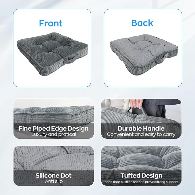 Meditation Floor Pillow Large Square Floor Cushions for Adults 22x22+4” Thicken Floor Sitting Memory Foam Pillows Seating Tufted Corduroy Seat Cushions Machine Washable for Yoga Living Room
