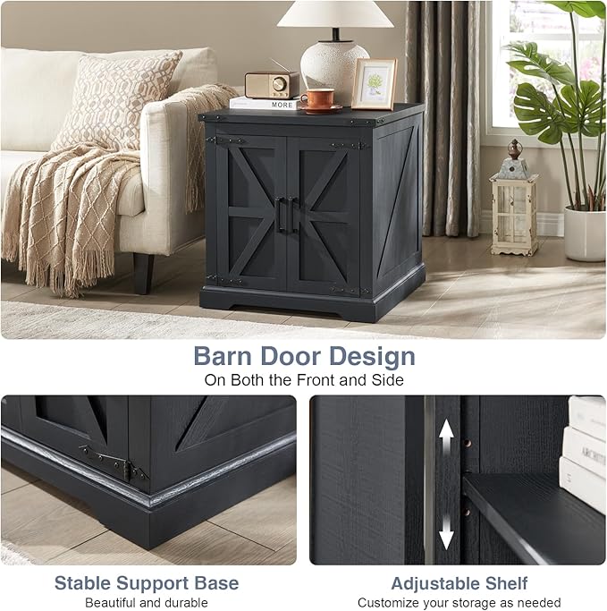 Barnyatoh Farmhouse End Table with Charging Station,24" Large Sofa Side Table with Barn Door, Rustic Wood Square Nightstand Bedside Table with Adjustable Storage Shelf for Living Room, Bedroom,Black