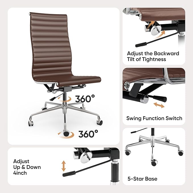 OTDMEL Armless Ribbed Office Desk Chair with Top Grain Leather, High Back Ergonomic Swivel Room Chair, Adjustable Height 5-Star Base, Brown