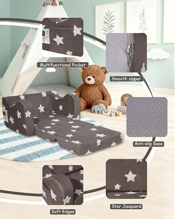 Toddler Couch, Kids Couch for Toddler Fold Out, 2-in-1 Convertible Kid Sofa to Lounger Bed for Girls and Boys, Ideal for Reading Sleeping Gaming Decor (Brown)