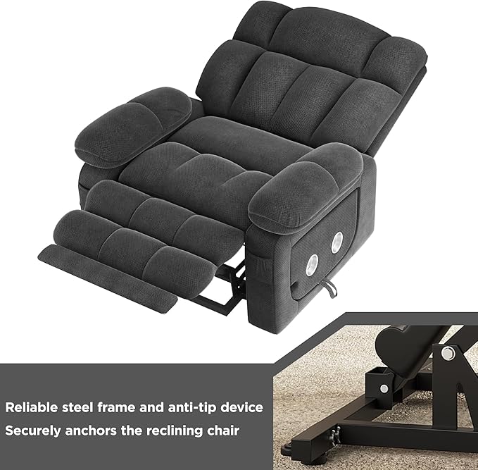 Dual Motor Power Lift Recliner Chair for Elderly with Adjustable Headrest,Extra Wide Recliner Chair with Massage,Lay Flat Recliner with Extended Footrest,Cup holder,Storebox,USB&Type-C Ports,Dark Grey
