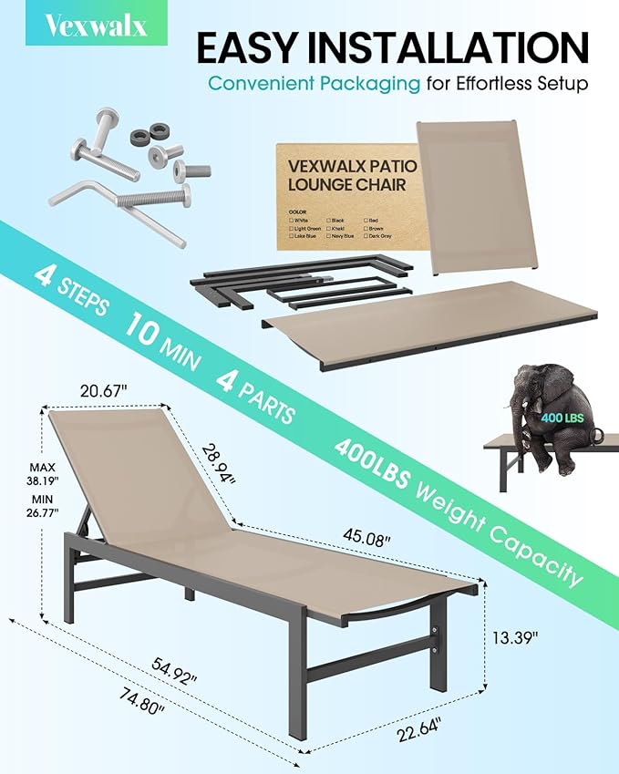 Chaise Lounge Chair for Pool, Aluminum Outdoor Lounge Chairs with 5-Position Recliner, Patio Lounge Chair for Backyard, Poolside, Lawn (Khaki)