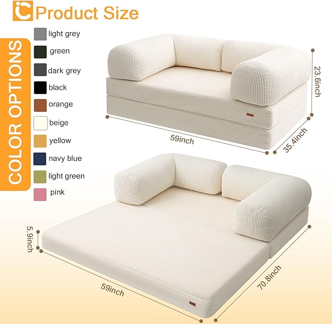 COMAX Futon Sofa Bed, 4-in-1 Floor Foldable Sofa Couch Bed with L-Shaped Armrests, Convertible Folding Chair Bed Sleeper Mattress Fold Out Lounge for Living Room Bedroom, Beige