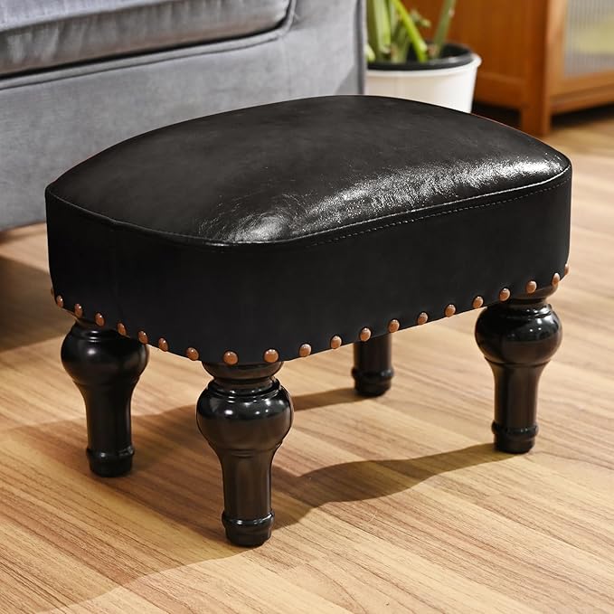 DSGAMER Leather Footrest Wood Ottoman,Rustic Foot Stools Seat, Wood Footstool,Rectangle Footrest Small Ottoman for Bedroom, Living Room, Office，Entrance Hall (Black)