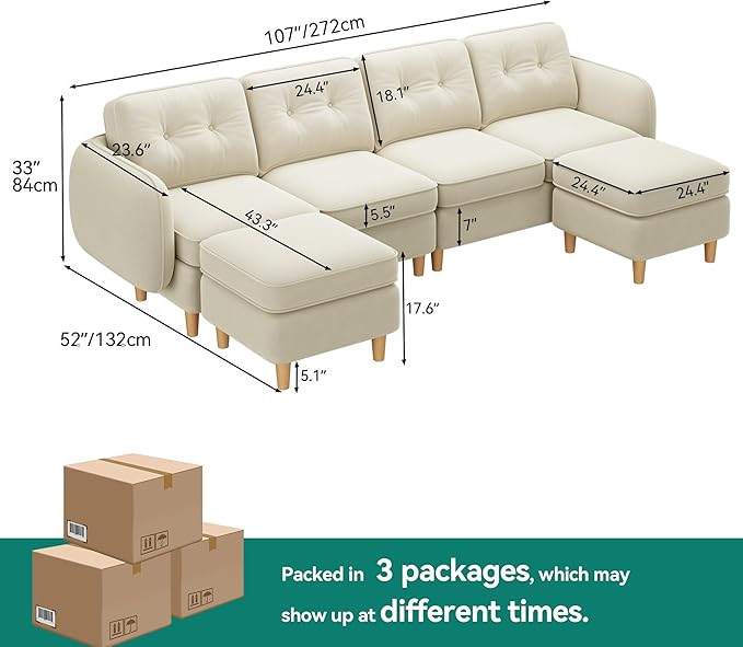 DWVO 108" Modular Sectional Sofa, 6-Seat Convertible U-Shaped Couch with Curved Armrests and 4 Pillows, High-Density Memory Foam for Living Room