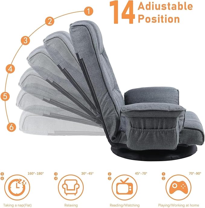 FLOGUOR 360 Swivel Gaming Chair 14-Position Adjustable Folding Floor Sofa with Armrests Lounger Bed for Home & Living Room Chaise Lounge Indoor for Adults QL201GR
