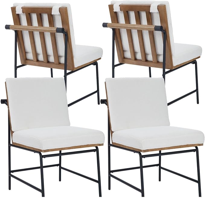 DUOMAY Mid-Century Modern Dining Chairs Set of 4, Sherpa Upholstered Side Chair with Rear Handle, Armless Chair with Metal Legs for Kitchen Dining Room Living Room Vanity, White