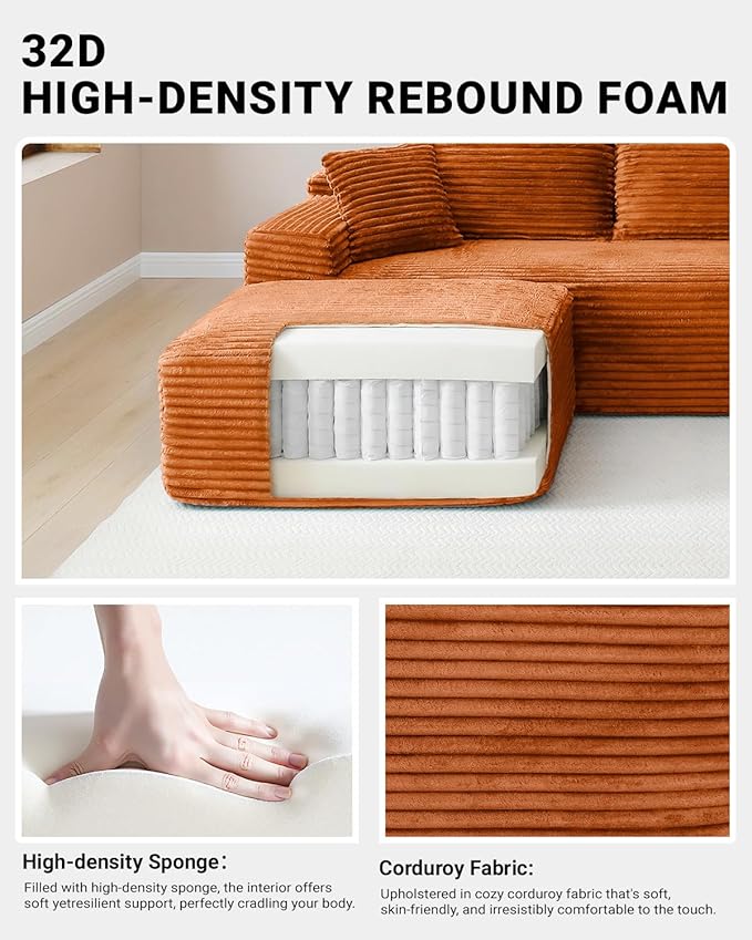 145" Oversized Cloud Boneless Sectional Sofa with Chaise, Corduroy U Shaped Modular Couch with Deep Seat, Fixed Frame Comfy Corner Sofa, No Assembly Required (Orange)