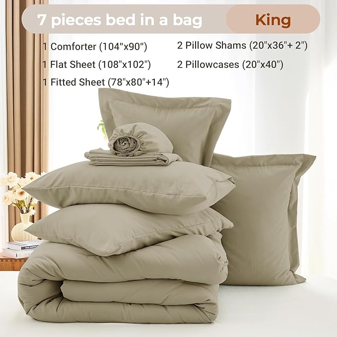MUXHOMO 7 Pieces King Comforter Set, Soft Bed in a Bag King Size, All Season Bedding Set with Comforter, Flat Sheet, Fitted Sheet, Pillowcases & Shams, Linen