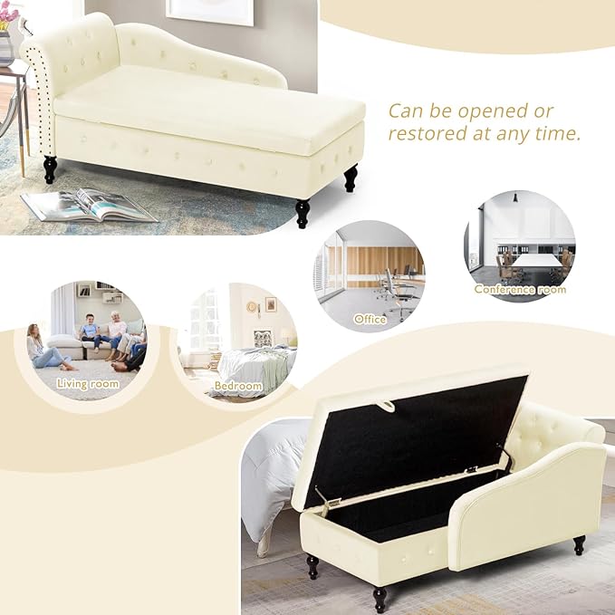 ACMEASE Upholstered Chaise Lounge with Left Armrest & Lumbar Pillow,Button Tufted Lounge Sofa with Storage,Lounge Chair Indoor,Modern Velvet Lounge Chair for Bedroom, Living Room and Office,Beige