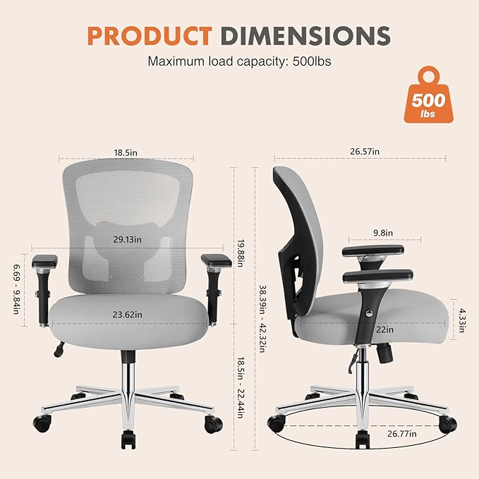 Sweetcrispy Big and Tall Office Desk Chair with Lumbar Support, 500lbs Heavy Duty Mesh Ergonomic Computer Chair with 4D Armrest and Wide Comfy Seat, Wheels for Adult