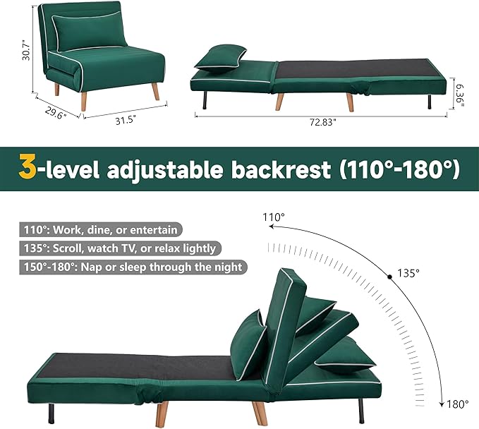 CITTANEO 32" Convertible Sleeper Chair, 3-in-1 Folding Sleeper Chair with Pillow, 3-Position Adjustable Backrest for Living Room, Bedroom, Office, Green