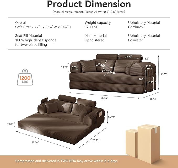 ZQRhome 2026 Upgrade Convertible Sofa Bed, 79 Inch Boneless Couch with Fixed-Shape Frame, Corduroy Fabric with High Backrest, Floor Sofa Modular Futon Couch for Living Room Bedroom Lounge (Brown)
