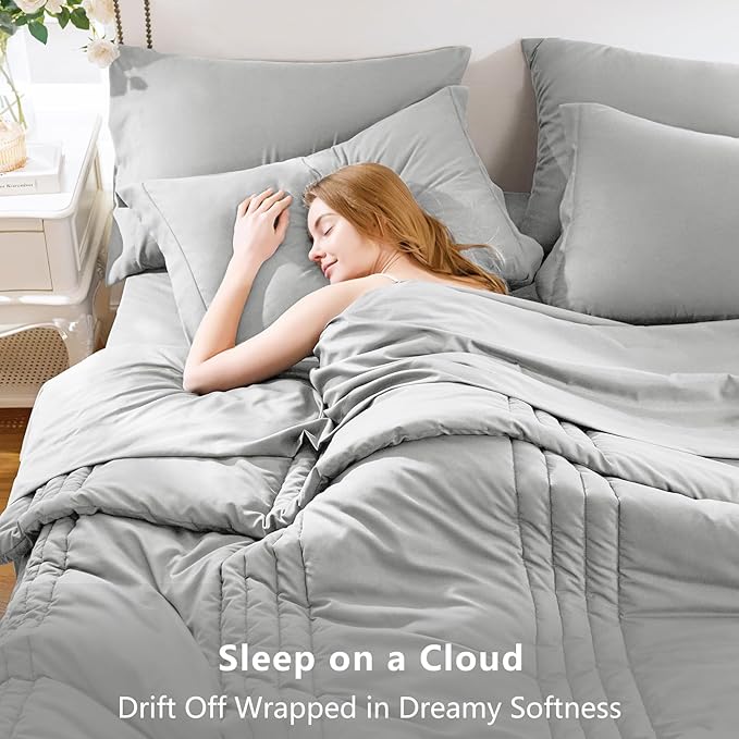 CozyLux Full Comforter Set - 7 Pieces Bed in a Bag Light Grey Comforter Set with Sheets Luxury Bed Set All Seasons, Soft Bedding Set with Down Alternative Comforter, Sheets, Pillowcases & Shams