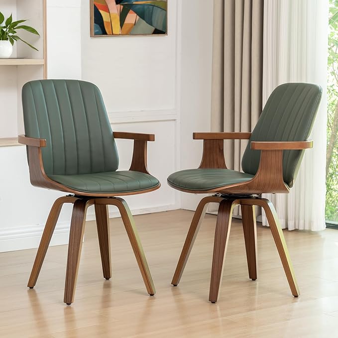 WUPOTO MCM Dining Chairs, Set of 2 Mid Century Modern Chairs with Walnut Craftsmanship, Upholstered Faux Leather, Wooden Arms and Legs, Faux Leather Dining Chairs for Kitchen/Living Room - Green