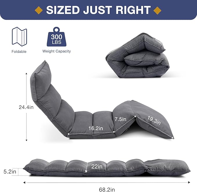 KAGMII Fabric Folding Floor Chair - 14-Position Adjustable Recliner for Reading, Gaming, and Ultimate Relaxation - Sleek Modern Design for Bedroom or Living Room (087 Gray)