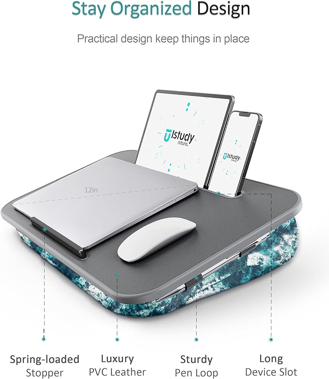 Lap Desk – Laptop Lap Desk with Cushion for Bed, Couch or Floor, Fits up to 17" Laptop, Built-in Slot, Non-Slip PVC Leather Top, Portable & Lightweight – Home Office, Istudyniture (Large, Waves)