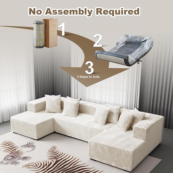 130'' U Shaped Couched for Living Room, Cloud Modular Sectional Couch with 2 Chaise Lounge, Modern Minimalist Upholstered Sofa Sleeper Deep Seat Corner Couch, No Assembly Required Beige