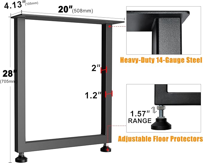 CHICAURA Heavy Duty Metal Table Legs 28x20 Inch, Aesthetic Frame for Dining Table, Desk, Live Edge Slabs, Supports 1000lbs (True 14-Gauge Steel), Set of 2 (Black)