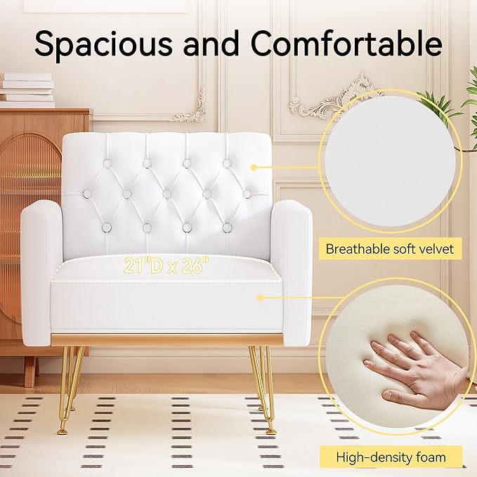 Accent Chair for Living Room, Comfy Oversized Velvet Upholstered Arm Chairs, Mid Century Modern Reading Single Sofa Side Chair with Tufted Back and Gold Legs for Bedroom (1, Pure White)