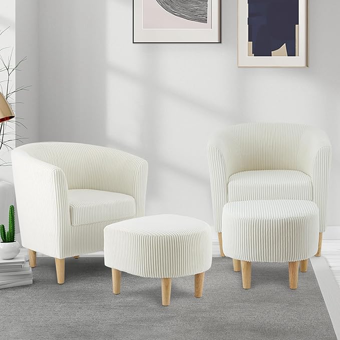 DAZONE Accent Chairs Set of 2 - Mid Century Modern Comfy Armchair with Ottoman, Corduroy Upholstered Living Room & Reading Room Chair in Ivory