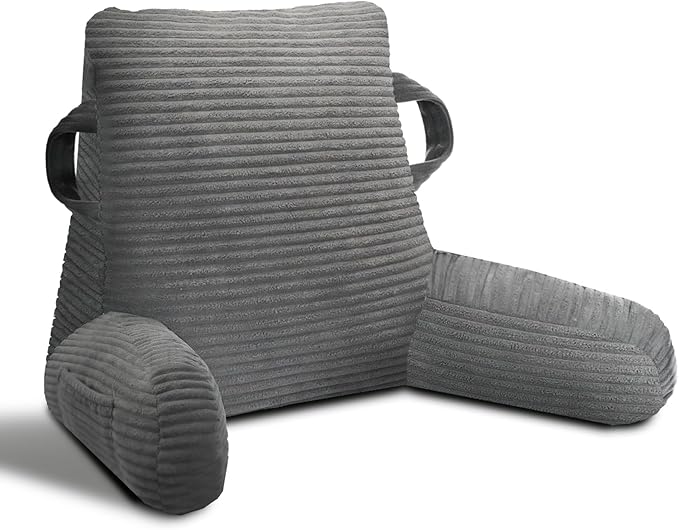 ABROLOY Reading Pillow for Sitting in Bed Adult, Bed Reading Pillow with Shredded Memory Foam, Back Pillow for Sitting with Arms and Pockets, Gery