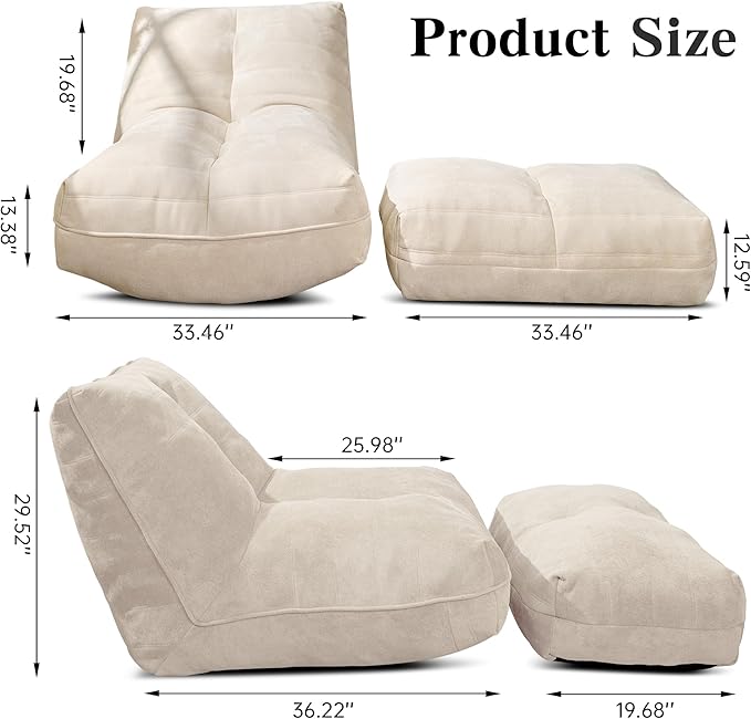 Cvortll Bean Bag Chair with Ottoman, Comfy Bean Bag Sofa with Memory Foam, Lazy BeanBag Sofa with Footstool, Fireside Bean Bag Couch for Living Room, Bedroom, Apartment (Off White)