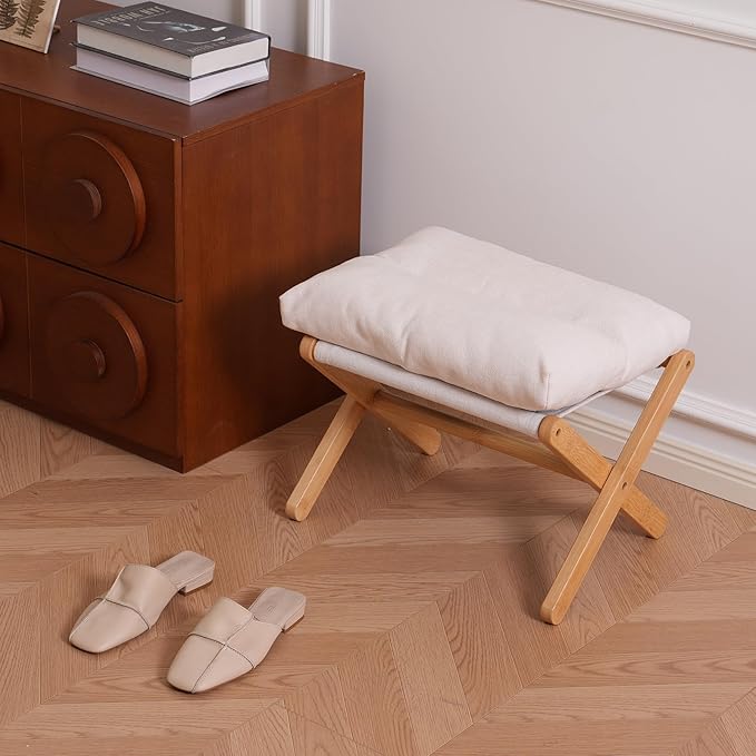 Ottoman Foot Rest- Bamboo Foldable Stool, Foot Stools Small Ottman with Upholstered & X Legs, Folding Stool for Makeup, Bedroom and Living Room (Small Beige)