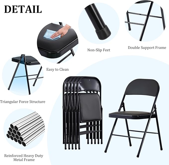 10 Pack Black Folding Chairs, Portable Heavy Duty Metal Frame Commercial Seat with Padded Cushion and Back, Foldable Outdoor Chairs for Party Kitchen Dining Events Wedding, 330 LBS Capacity