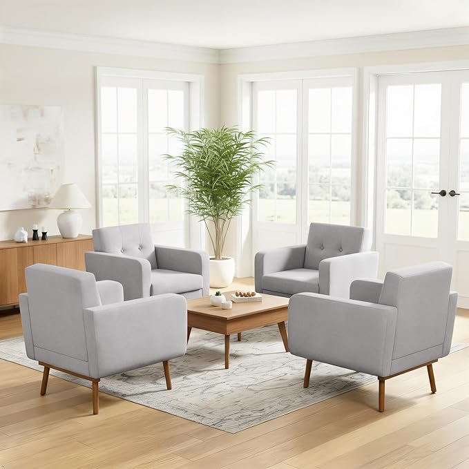 HUIMO Fabric Accent Chairs Set of 4, Button Tufted Living Room Chairs Easy to Install, Mid Century Modern Chair, Upholstered Arm Chair for Living Room Bedroom Study Office (4, Light Grey)