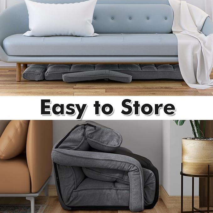 KOMFOTT Foldable Floor Lazy Sofa, Indoor Chaise Lounge Sofa with 6 Adjustable Positions, Folding Chair Bed with Adjustable Armrests, Backrest & Footrest, Ideal for Living Room, Bedroom (Dark Grey)