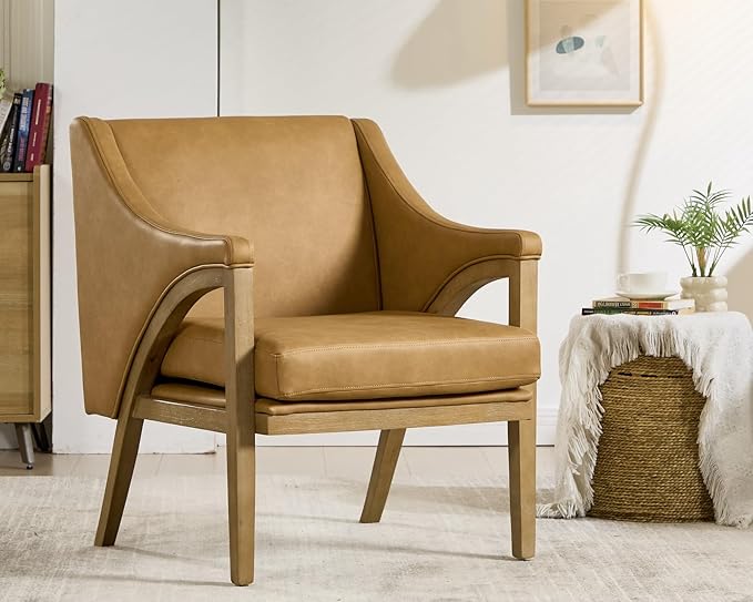 CIMOTA Mid Century Modern Accent Chair with Barrel Back, Upholstered Armchair Comfy Reading Chair with 4" Thick Cushion, Solid Wood Legs for Living Room/Bedroom/Reading Corner, PU Fabric, Brown