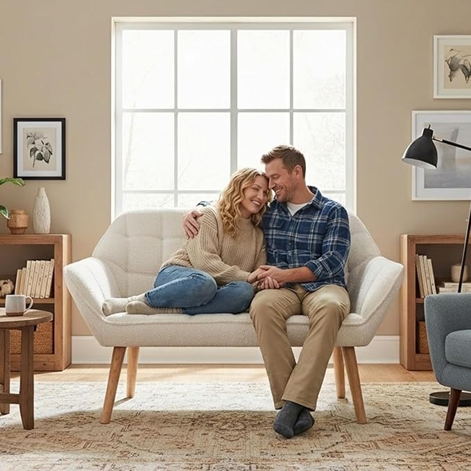 48" White Small Loveseat Sofa, Comfy Faux Fur 2-Seat Love Seat with Wood Legs, Modern Tufted Wingback Upholstered Sofa Couch for Small Space Living Room Bedroom Apartment