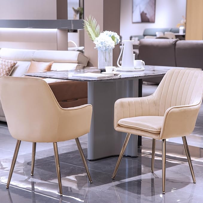 Purgreen Velvet Dining Chair Set of 2 - Modern Mid-Back Accent Chair with Gold Plating Legs - Upholstered Chair for Living Room ，Kitchen & Reception Room (Velvet Beige, Set of 2)