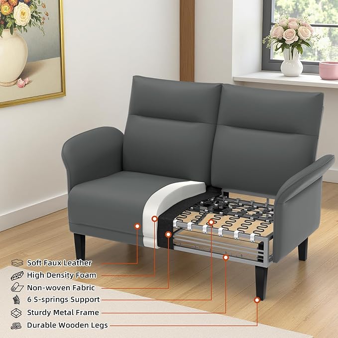 Faux Leather Loveseat with Wide Armrests, Symmetrical Shawl Arm 2-Seater Sofa, Upholstered Modern Loveseat with Wooden Legs for Small Living Room, Apartment, Gray