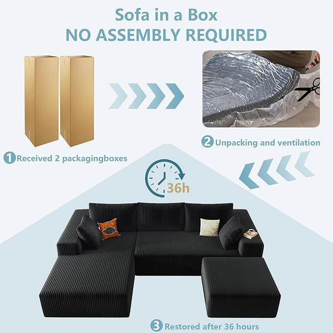 96" W Cloud Sectional Couch with Ottoman,Modern U-Shaped Cloud Couch with Deep Seat,Comfy Corduroy 3-Seater Sofa,Memory Foam Sofa for Living Room,No Assembly (Black,Left-Facing Chaise)