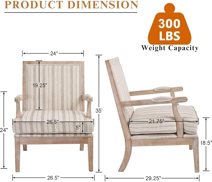 DM Furniture Mid Century Modern Accent Chair Upholstered Living Room Chairs with Armrest Linen Comfy Lounge Armchair Retro Solid Wood Reading Chair for Bedroom, Guest Room, Balcony, Khaki Stripe