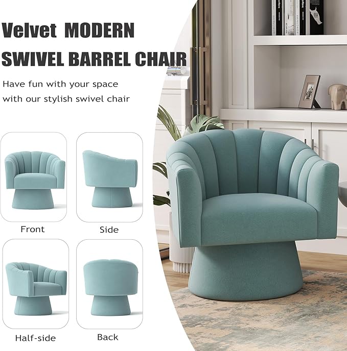 Swivel Accent Chair Set of 2, Upholstered Velvet 360° Swivel Barrel Chair for Living Room Overstuffed Bouncle Reading Chair Round Armchair for Bedroom,Vanity,Office (Blue)
