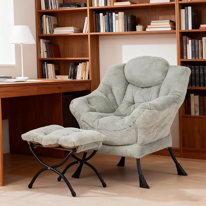 Welnow Lazy Chair with Ottoman, Modern Lounge Accent Chair with Armrests and a Side Pocket, Leisure Sofa Armchair, Reading Armchair with Footrest for Small Space, Plush Green