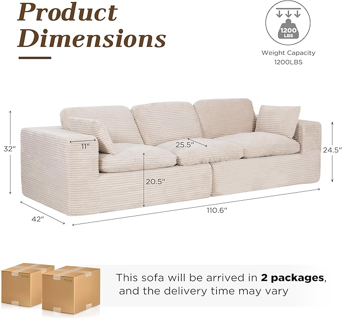 Esright 110" Oversized Sofa for Living Room, Cloud Boneless Couch with Fluffy Seat Cushions, 3 Seater Upholstered Floor Sofa, No Assembly Required, Beige