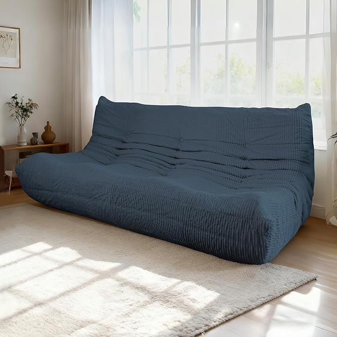 Fireside Loveseat Mid-Century Armless Sofa — Twin-Size Floor Lounger in Soft Premium Corduroy, Foam-Filled Accent Chair for Living Room or Bedroom (Prussia Blue, Three Seater)